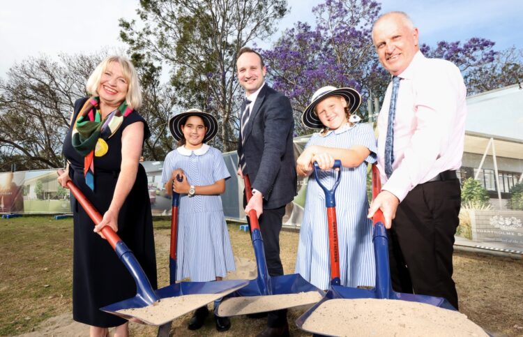 Kids L to R, Izzy Kneebone 10yrs, Annabelle Edmonds 9yrs, Back L to R, Helen Spain the Board Chair, Danny Crump the Principal, Brendan Downes the Director of Junior School, Stuartholme School SOD turning of Junior School Building Project, Junior school, year 5 commences in 2024, on Tuesday 24th October 2023 - Photo Steve Pohlner