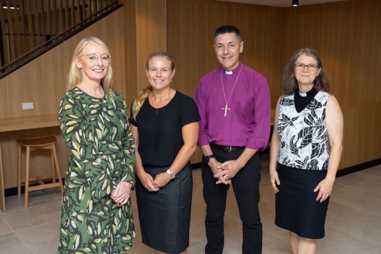 L-R: New Principal Ms Michelle Carroll, College Board Chair Ms Peta Grenfell, Archbishop of Brisbane Jeremy Greaves, College Chaplain Reverend Kathrin Koning. Image: Matthew Flinders Anglican College