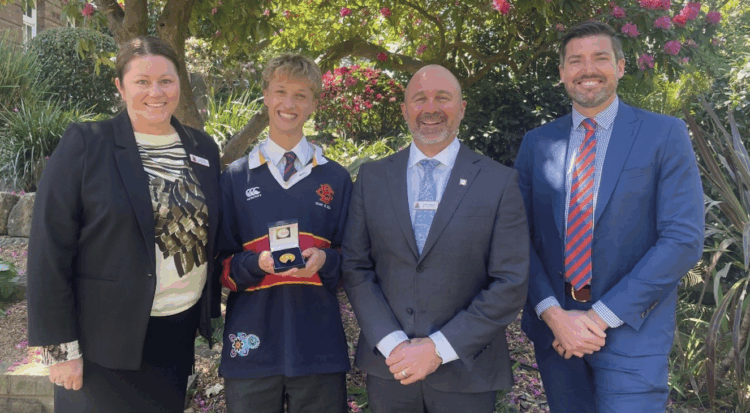 L-R: Mrs Natalie Potent, Barker Deputy Head Student Experience, Lachlan Carley, Mr Peter Gibson, Barker Dean of Character and Enterprise and Mr Nick Moss, Barker Head of Senior School. Image: Barker College