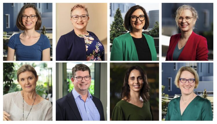Top row (left-right) Dr Callula Killingly, Professor Linda Graham, Dr Haley Tancredi, and Professor Jill Willis. Bottom row (left-right) Dr Julie Arnold, Dr Andrew Gibson, Dr Lara Maia-Pike, and Associate Professor Sonia White. Image: QUT