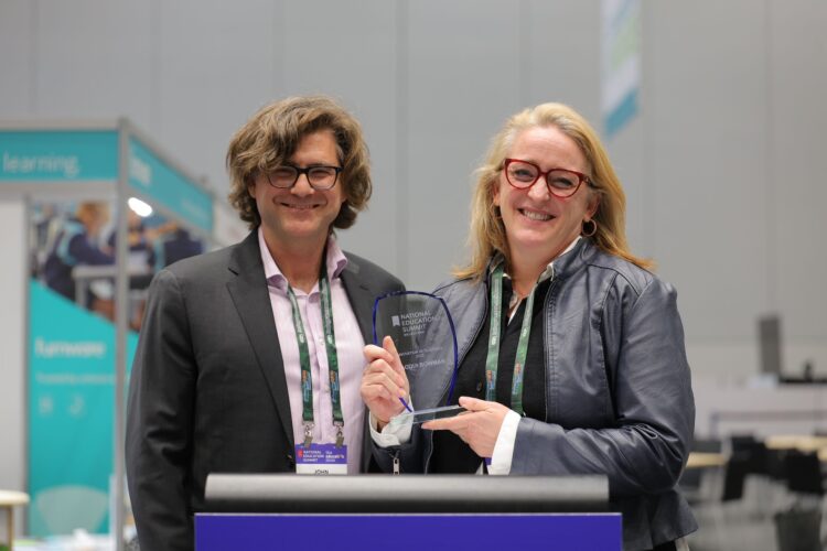 Innovation in Teaching Award winner (Melbourne), Ms Jacqui Bowman with Elevate Education CEO Mr John Varvarigos. Images: IE Group