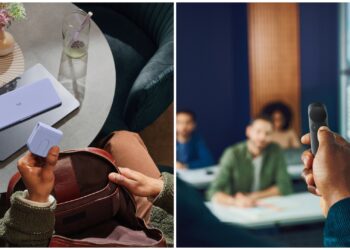 On 10 June, Logitech launched Mobi Fold (left), its first foldable mouse, alongside its new presenting tool Spotlight 2. Images: Logitech.