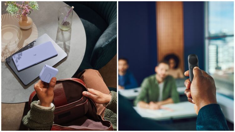 On 10 June, Logitech launched Mobi Fold (left), its first foldable mouse, alongside its new presenting tool Spotlight 2. Images: Logitech.